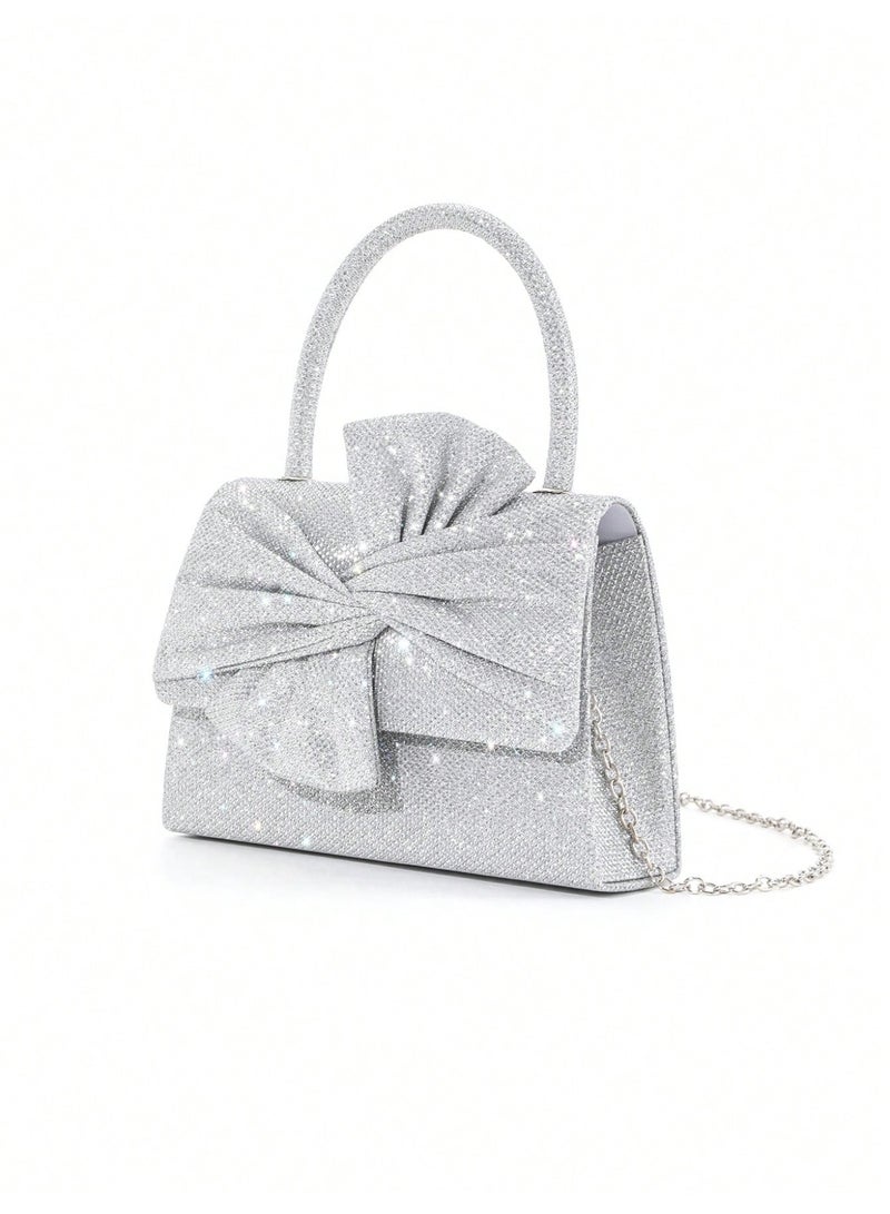 حقيبة سهرة نسائية كلتش بتصميم فيونكة لامعة مع مقبض علوي وسلسلة معدنية – حقيبة أنيقة للمناسبات والسهرات - Image 5