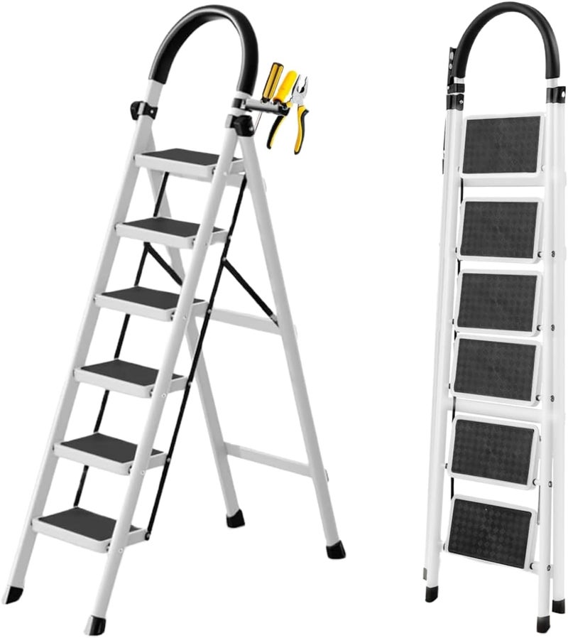 UREVO Foldable Ladder 6 Steps with Anti-Slip Pedal for Home, Kitchen, Garden, and Office - Image 1