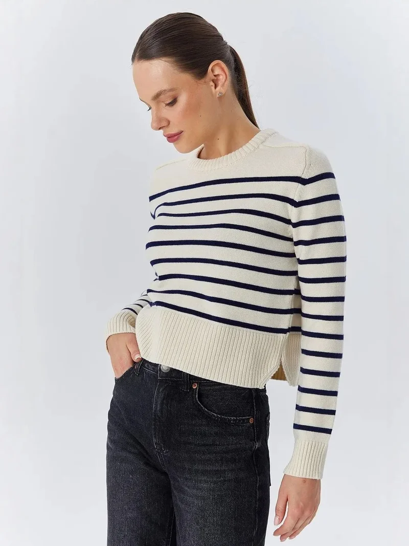 MixRay Mixray Striped Knit Sweater with Crew Neck