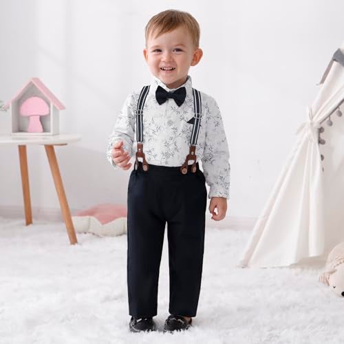 nilikastta Baby Boy Wedding Outfit Toddler Suspenders Boys Outfit Suits for Boys Formal Dress ShirtBowtieSuspender Pants for Wedding 1218 Months - Image 3