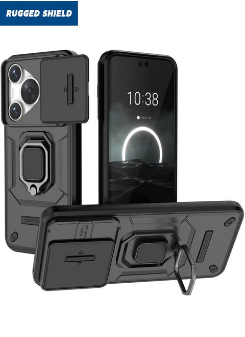 Huawei Pura 70 Case Cover, Pura 70 Case with Slide Camera Cover, Military Grade Heavy Duty Anti Drop Shockproof Phone Case Cover with Kickstand for HUAWEI Pura 70, Black