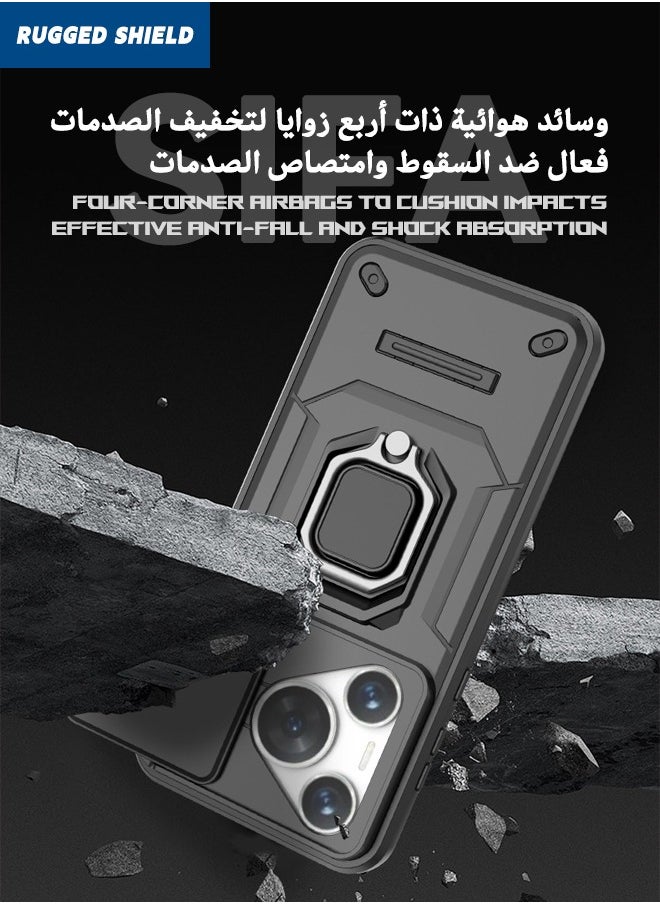 RUGGED SHIELD - Huawei Pura 70 Case Cover, Pura 70 Case with Slide Camera Cover, Military Grade Heavy Duty Anti Drop Shockproof Phone Case Cover with Kickstand for HUAWEI Pura 70, Black - Image 1