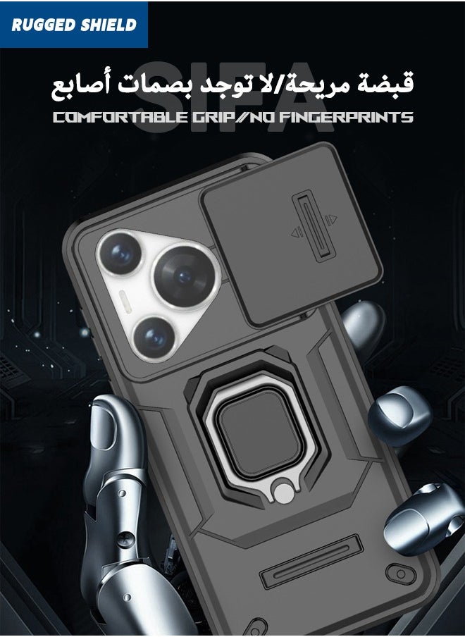 RUGGED SHIELD - Huawei Pura 70 Case Cover, Pura 70 Case with Slide Camera Cover, Military Grade Heavy Duty Anti Drop Shockproof Phone Case Cover with Kickstand for HUAWEI Pura 70, Black - Image 1