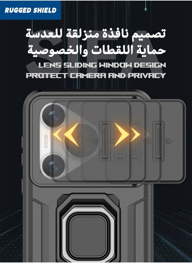RUGGED SHIELD - Huawei Pura 70 Case Cover, Pura 70 Case with Slide Camera Cover, Military Grade Heavy Duty Anti Drop Shockproof Phone Case Cover with Kickstand for HUAWEI Pura 70, Black - Image 1
