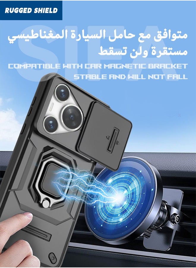 RUGGED SHIELD - Huawei Pura 70 Case Cover, Pura 70 Case with Slide Camera Cover, Military Grade Heavy Duty Anti Drop Shockproof Phone Case Cover with Kickstand for HUAWEI Pura 70, Black - Image 1