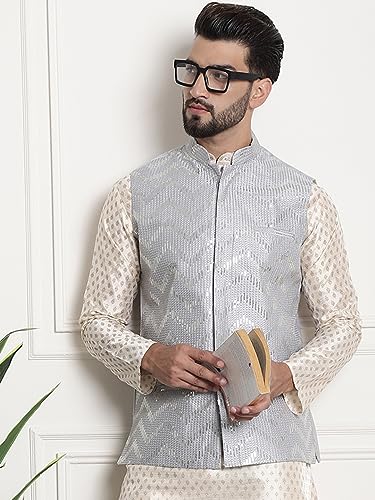 Sojanya (Since 1958 Men'S Silk Blend, Gold Sequence Embroidered Grey Color Nehru Jacket - Image 2