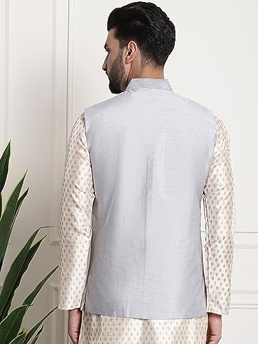 Sojanya (Since 1958 Men'S Silk Blend, Gold Sequence Embroidered Grey Color Nehru Jacket - Image 3