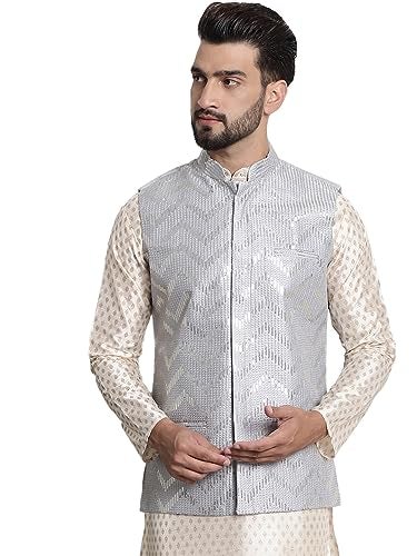 Sojanya (Since 1958 Men'S Silk Blend, Gold Sequence Embroidered Grey Color Nehru Jacket - Image 1