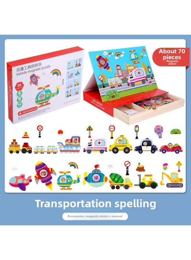 Direct Wooden Farm Storage Box Magnetic Puzzle Double-sided Puzzle Drawing Board Children's Educational Early Education Toys-Color:MWZ-Vehicle Gift Box Chilling 1.1 - Image 1