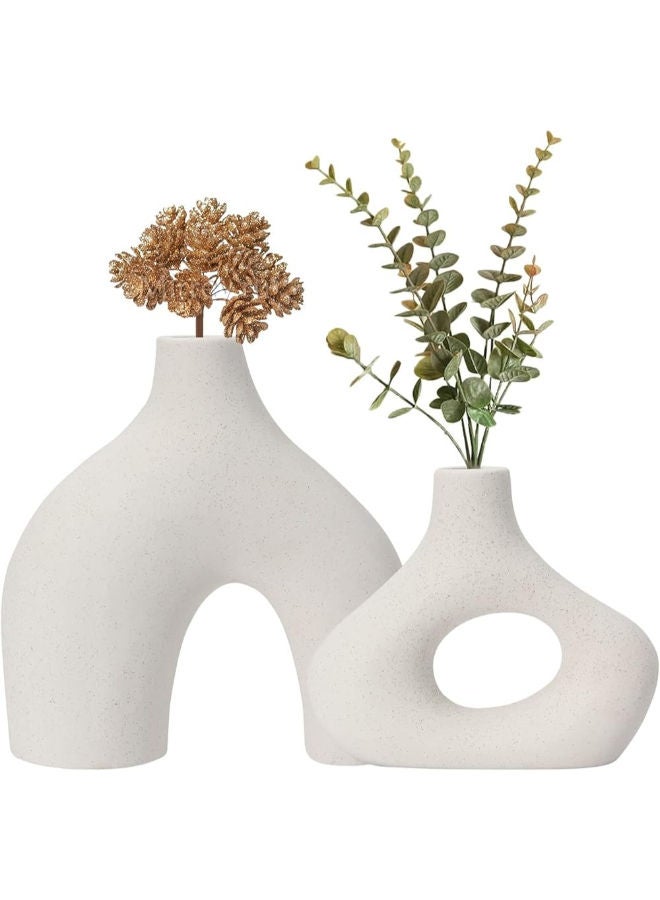 QLQSIMON Ceramic Vase Set of 2 for Modern Home Decor- Round Matte White Pampas Flower Vases- Boho Nordic Minimalism Style Vases for Living Room, Bedroom, Table Centerpiece, Shelf, Fireplace Decor
