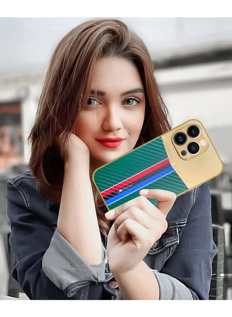 JOWAY iPhone 13 Pro Max Luxury Gold Plated Case Hybrid Electroplated Frame Back Cover with Carbon Fiber Texture Green/Gold  - Image 5