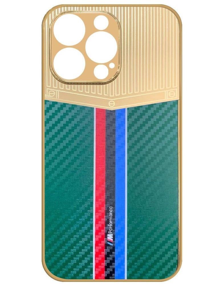 JOWAY iPhone 13 Pro Max Luxury Gold Plated Case Hybrid Electroplated Frame Back Cover with Carbon Fiber Texture Green/Gold  - Image 2