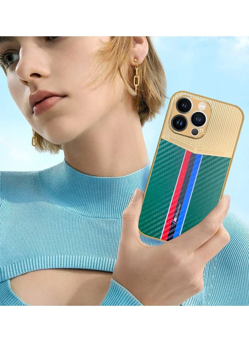 JOWAY iPhone 13 Pro Max Luxury Gold Plated Case Hybrid Electroplated Frame Back Cover with Carbon Fiber Texture Green/Gold  - Image 4