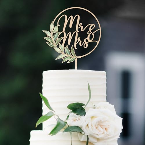 Party to Be Mr & Mrs Cake Topper Greeny Wedding Cake Topper in Wood (Design 02) - Image 1