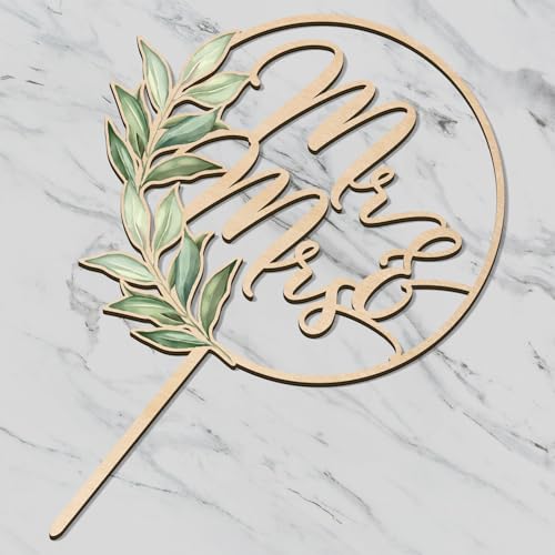 Party to Be Mr & Mrs Cake Topper Greeny Wedding Cake Topper in Wood (Design 02) - Image 5