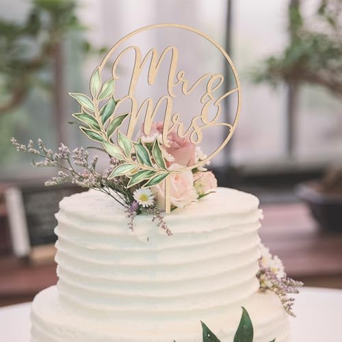 Party to Be Mr & Mrs Cake Topper Greeny Wedding Cake Topper in Wood (Design 02) - Image 3