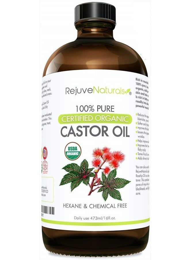RejuveNaturals Organic Castor Oil (16oz Glass Bottle) USDA Certified Organic, 100% Pure, Cold Pressed, Hexane Free. Boost Hair Growth for Hair, Eyelashes & Eyebrows. Natural Dry Skin Moisturizer 