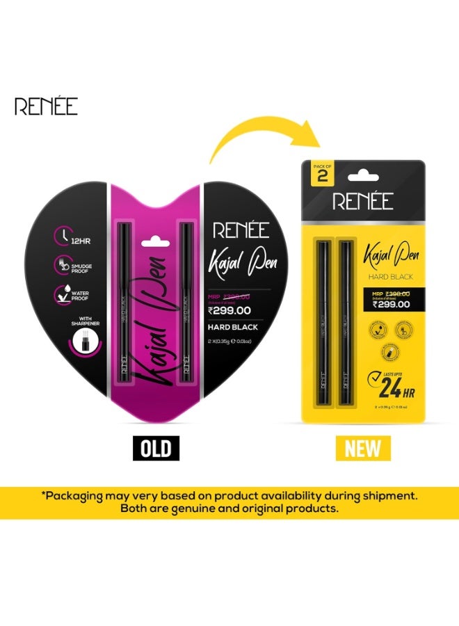 RENEE Hard Black Kajal Pen with Sharpener 0.35gm, Pack Of 2 | Matte Finish | Rich Color Payoff | Long Lasting Upto 24hrs, Smudge & Water Proof Formula - Image 2