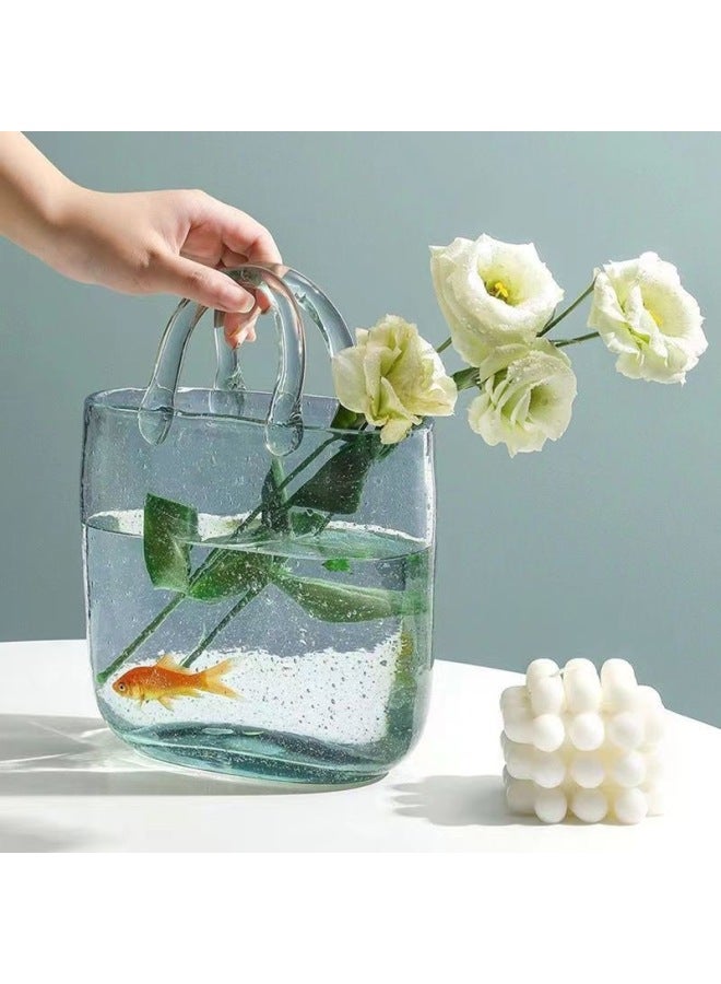 Glass Flower Vase Handheld Bag Living Room Desktop Small Transparent Goldfish Aquarium Home Decorative Item Bubble Design-Specifications:Bubble Portable Vase-Blue-Color:Standard