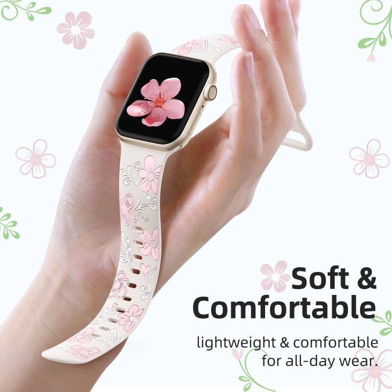 Witzon Cute Flower Band Compatible with Apple Watch Bands For Women 41mm 42mm 40mm 38mm 44mm 45mm 46mm 49mm, Engraved Soft Silicone Inlay Strap for iWatch Series 11 10 9 8 7 6 5 4 3 2 SE Ultra 3 2 1 - Image 3