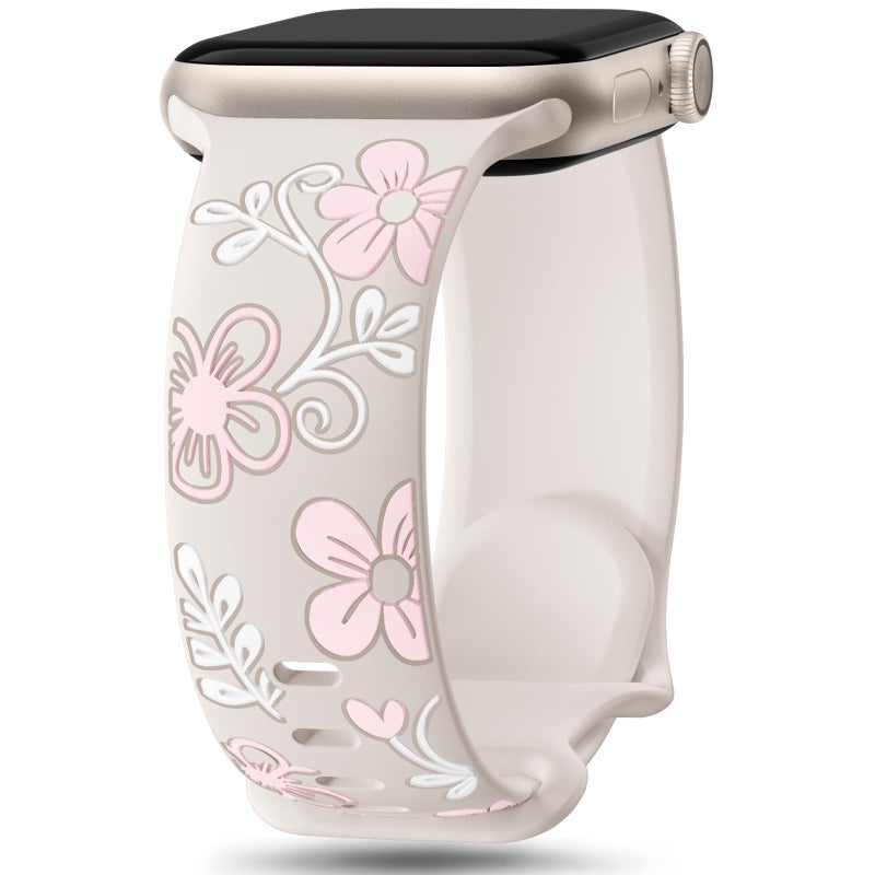 Witzon Cute Flower Band Compatible with Apple Watch Bands For Women 41mm 42mm 40mm 38mm 44mm 45mm 46mm 49mm, Engraved Soft Silicone Inlay Strap for iWatch Series 11 10 9 8 7 6 5 4 3 2 SE Ultra 3 2 1 - Image 1