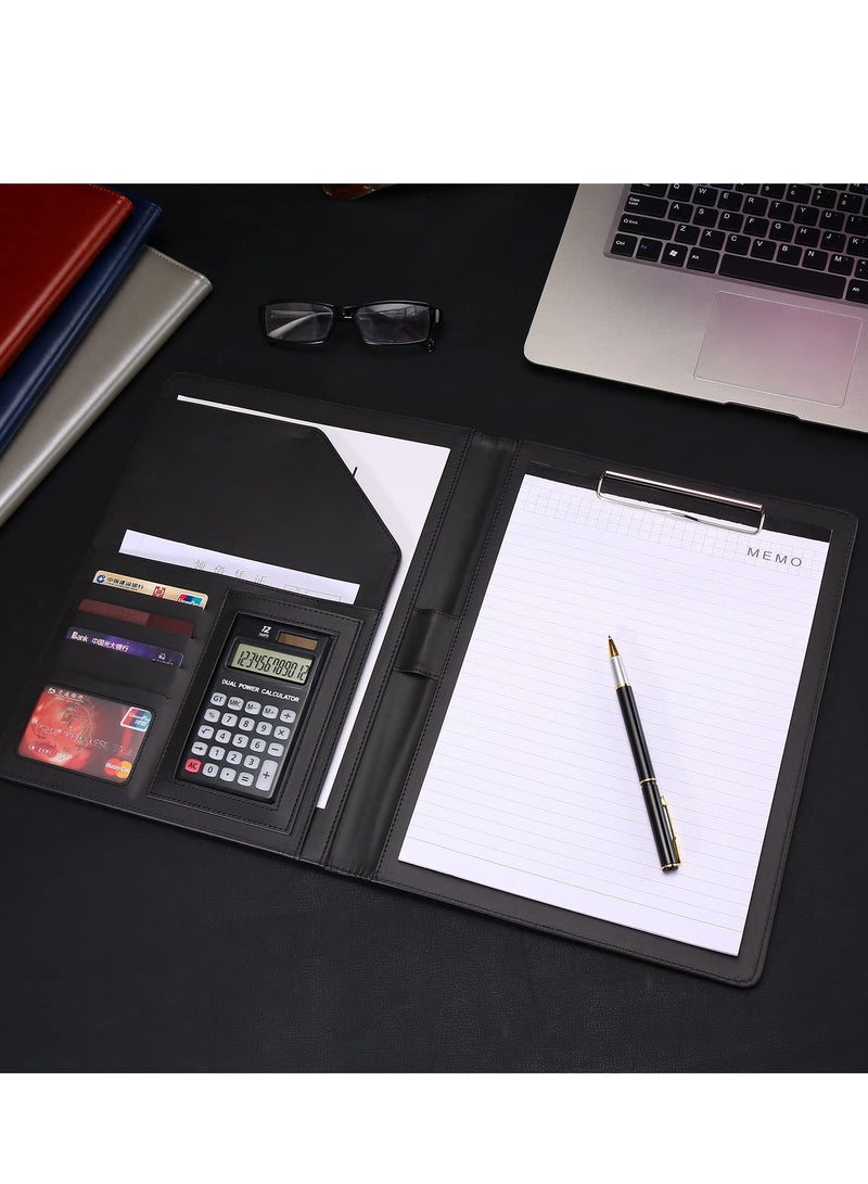 Professional Leather Padfolio with Clipboard & Document Sleeve, A4 Size Business Portfolio Case for Office & Conference, Includes Card Holders & Calculator, Black - Image 2