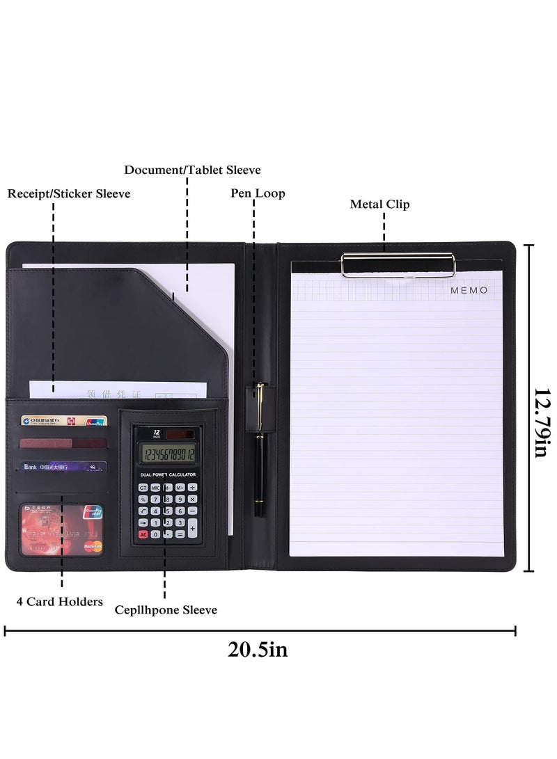 Professional Leather Padfolio with Clipboard & Document Sleeve, A4 Size Business Portfolio Case for Office & Conference, Includes Card Holders & Calculator, Black - Image 5