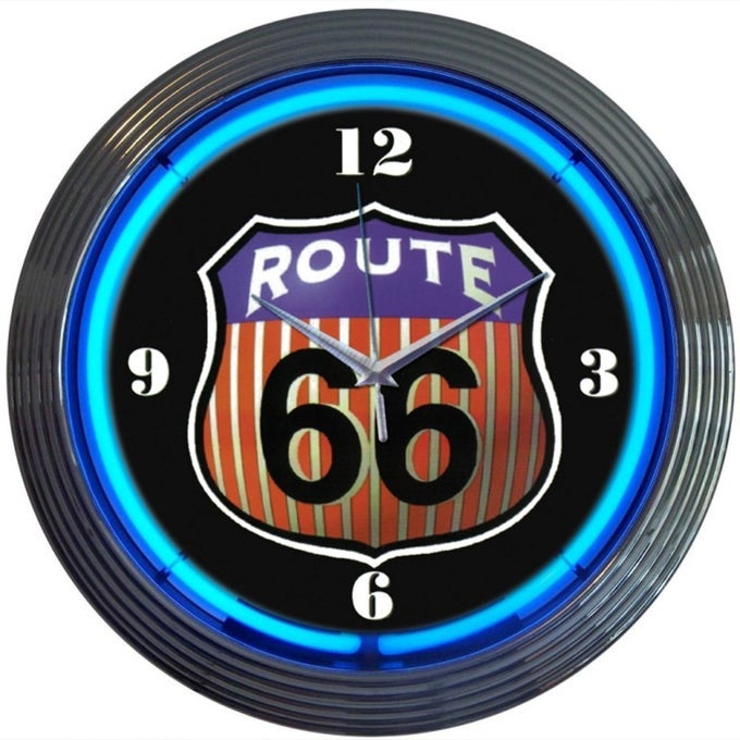 CARS AND MOTORCYCLES ROUTE 66 ROUND NEON WALL CLOCK 15INCH