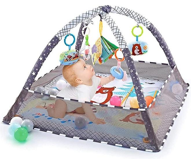 دي إم جي تك بساط لعب لصالة الألعاب الرياضية للأطفال، بساط لعب لأرضية الأطفال من دي إم جي مع 5 ألعاب معلقة و18 كرة محيطية لتنمية المهارات الحسية والحركية، سجادات لعب غير قابلة للانزلاق وقابلة للغسل للرضع من عمر 0 ​​إلى 18 شهرًا - Image 1