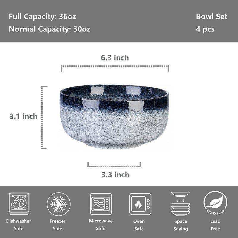 SQS CERAMICS S&Q'S CERAMICS Cereal Bowls - 36 Ounce, Japanese Noodle Bowl Set, Ceramic Bowls for Kitchen, Breakfast, Oatmeal, Microwave and Dishwasher Safe, [Set of 4], Dark Blue - Image 2