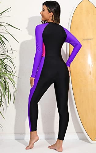 ALLTOKE Womens Full Body Rash Guard with Built in Bra Long Sleeve One Piece Swimsuit Upf50 Zip Front Bathing Suit Black Purple M - Image 3