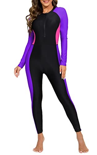 ALLTOKE Womens Full Body Rash Guard with Built in Bra Long Sleeve One Piece Swimsuit Upf50 Zip Front Bathing Suit Black Purple M - Image 1