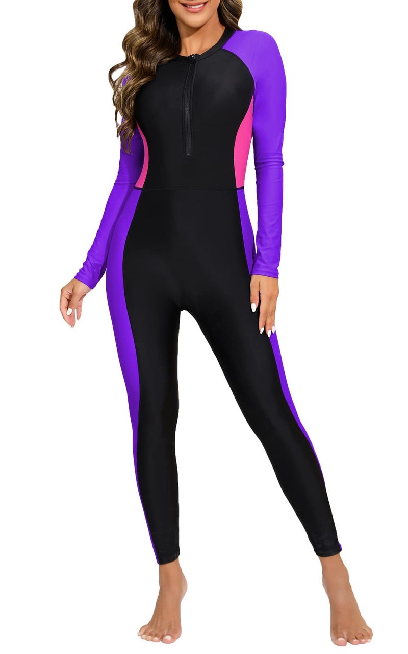 ALLTOKE Womens Full Body Rash Guard with Built in Bra Long Sleeve One Piece Swimsuit Upf50 Zip Front Bathing Suit Black Purple M - Image 2