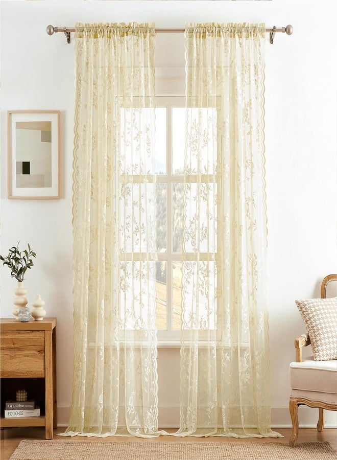 SEEKRIGHT Beige Lace Sheer Curtains 63 Inch Length Country Floral Curtains for Living Room Bedroom Victorian Flower Curtains 2 Panels Set Rod Pocket Light Filtering Window Drapes Rustic Decor, 52x63 - Image 2