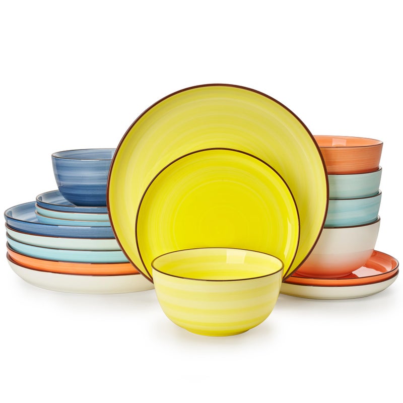 Sweese Plates and Bowls Sets, 18 Piece Dinnerware Set Porcelain Round Dinner Set for 6, Scratch Resistant Dishes Set, Dishwasher Oven Microwave Safe Handpainted Swirl Dishware Sets, Assorted Colors - Image 1