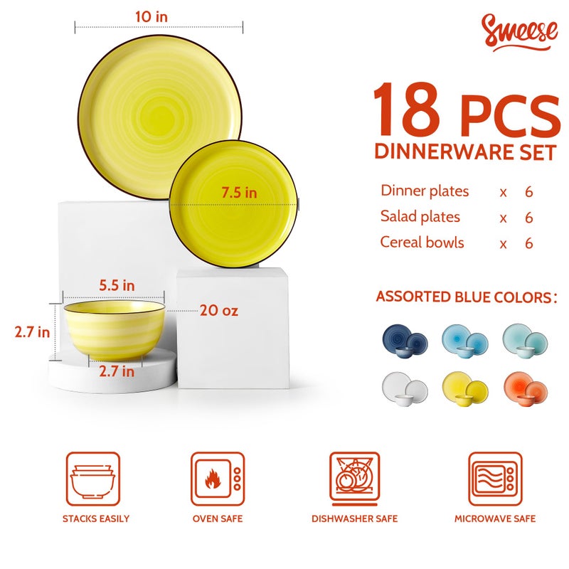 Sweese Plates and Bowls Sets, 18 Piece Dinnerware Set Porcelain Round Dinner Set for 6, Scratch Resistant Dishes Set, Dishwasher Oven Microwave Safe Handpainted Swirl Dishware Sets, Assorted Colors - Image 2