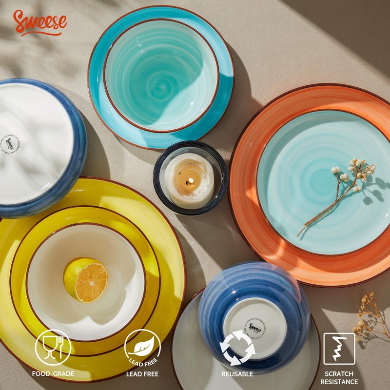 Sweese Plates and Bowls Sets, 18 Piece Dinnerware Set Porcelain Round Dinner Set for 6, Scratch Resistant Dishes Set, Dishwasher Oven Microwave Safe Handpainted Swirl Dishware Sets, Assorted Colors - Image 4