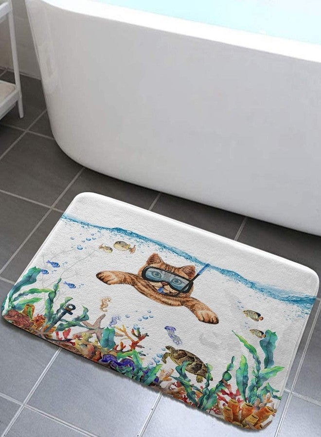 Uokiuki Funny Cat Bathroom Rug Mat, Cat Diving Bath Rugs, Tropical Fish Coral Underwater Sea Animal Non-Slip Bath Mats for Bathroom Floor, Tub and Shower, 17x29Inch (17X29) - Image 2