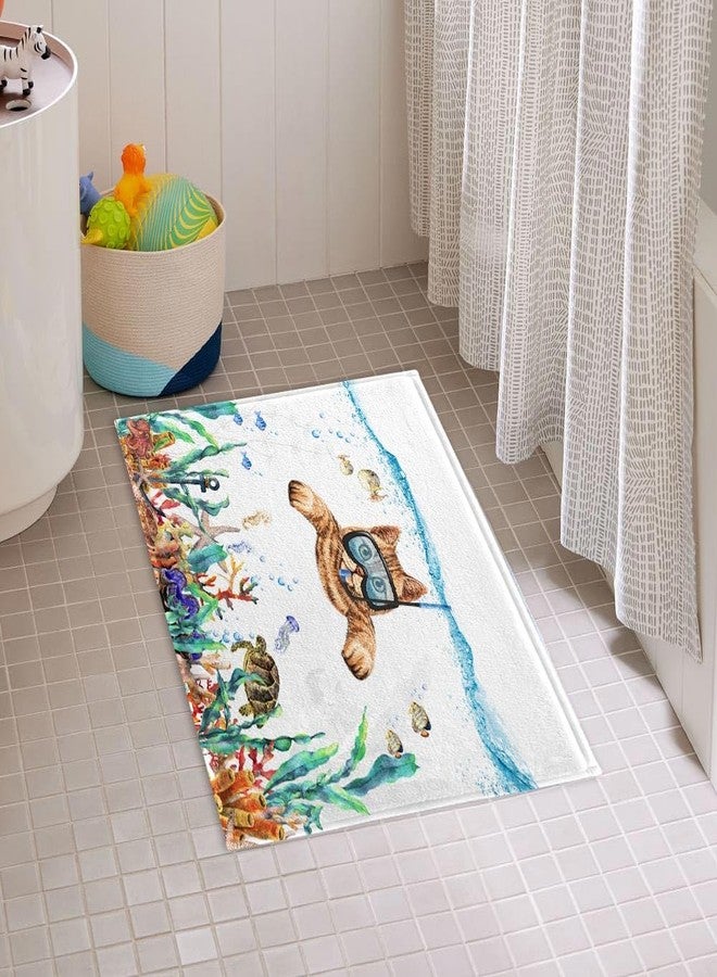 Uokiuki Funny Cat Bathroom Rug Mat, Cat Diving Bath Rugs, Tropical Fish Coral Underwater Sea Animal Non-Slip Bath Mats for Bathroom Floor, Tub and Shower, 17x29Inch (17X29) - Image 3
