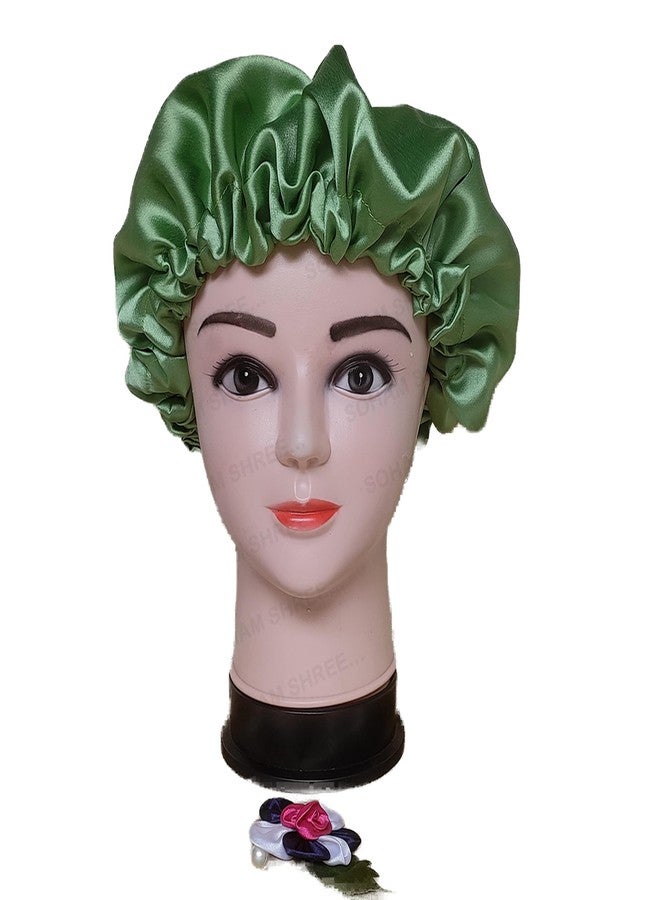 SOHAM SHREE ᵀᴹ Handmade Pure Satin Fully Reversible Luxuries Hair Bonnet satin sleep cap | Adjustable Sleep Cap for Women Girls|Reversible Double Layer Large Sleep Cap (GREEN) - Image 1