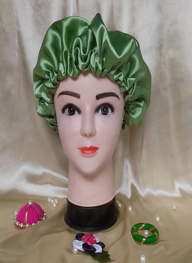 SOHAM SHREE ᵀᴹ Handmade Pure Satin Fully Reversible Luxuries Hair Bonnet satin sleep cap | Adjustable Sleep Cap for Women Girls|Reversible Double Layer Large Sleep Cap (GREEN) - Image 2