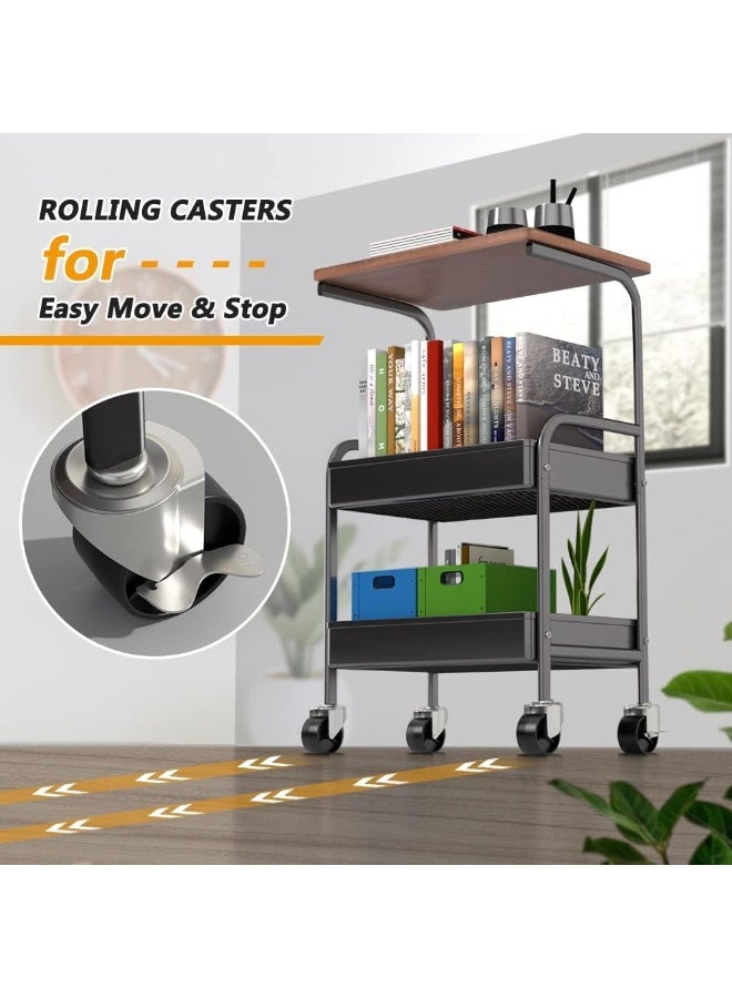 عربة تقديم بثلاث طبقات مع لوح خشبي – طاولة جانبية على عجلات متعددة الاستخدام | طاولات خدمة للمطبخ أو غرفة المعيشة | طاولة قهوة وطاولة جانبية صغيرة للتخزين | طاولات جانبية للمكتب والحمام والمساحات الصغيرة - Image 4