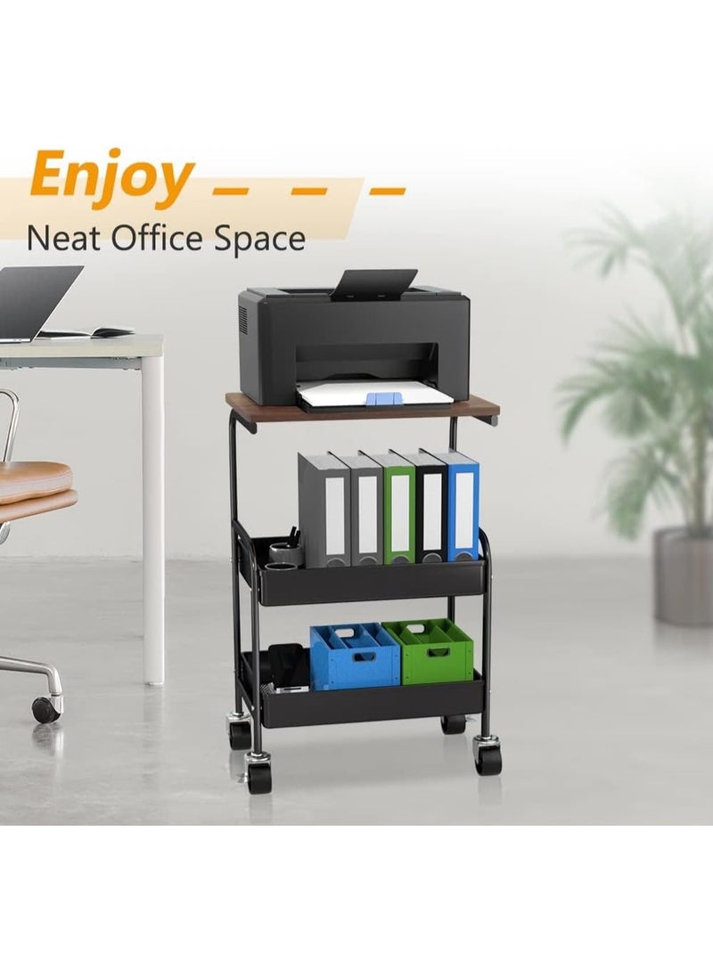 عربة تقديم بثلاث طبقات مع لوح خشبي – طاولة جانبية على عجلات متعددة الاستخدام | طاولات خدمة للمطبخ أو غرفة المعيشة | طاولة قهوة وطاولة جانبية صغيرة للتخزين | طاولات جانبية للمكتب والحمام والمساحات الصغيرة - Image 2