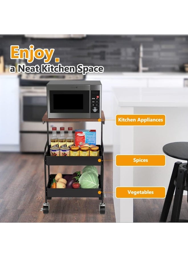 عربة تقديم بثلاث طبقات مع لوح خشبي – طاولة جانبية على عجلات متعددة الاستخدام | طاولات خدمة للمطبخ أو غرفة المعيشة | طاولة قهوة وطاولة جانبية صغيرة للتخزين | طاولات جانبية للمكتب والحمام والمساحات الصغيرة - Image 5