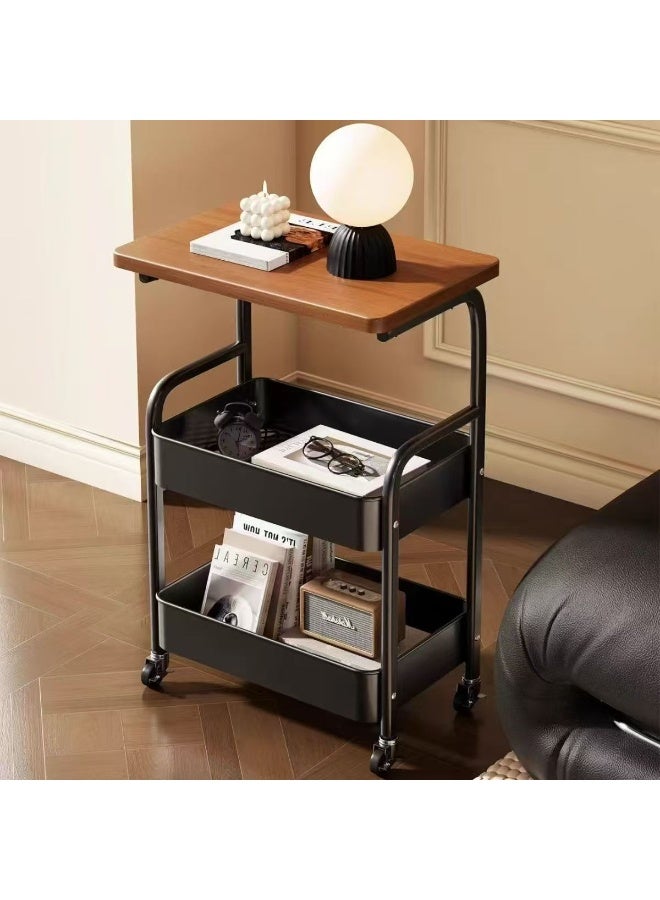 عربة تقديم بثلاث طبقات مع لوح خشبي – طاولة جانبية على عجلات متعددة الاستخدام | طاولات خدمة للمطبخ أو غرفة المعيشة | طاولة قهوة وطاولة جانبية صغيرة للتخزين | طاولات جانبية للمكتب والحمام والمساحات الصغيرة - Image 1