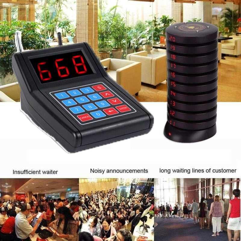 Restaurant Pager System Queue Number Call Coaster Pager Wireless Paging System Calling System Portable Rechargable Restaurant Buzzers with Numeric Keypad Transmitter (20 Pagers+1 Caller) | Wireless Paging, Queue Number Call, Coaster Buzzers, Waiter Service, Calling System - Image 2