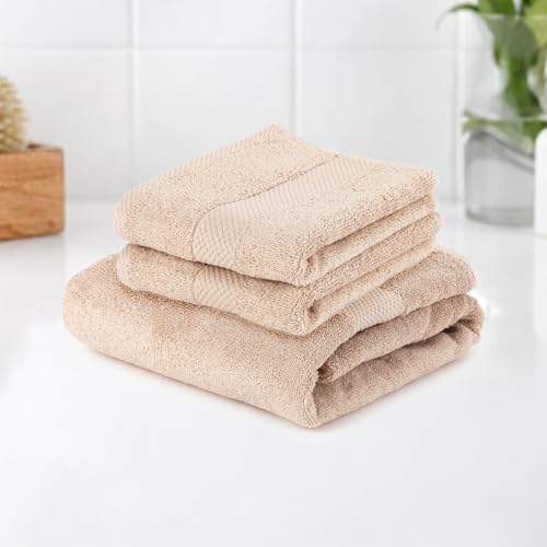 Earthy Fables Premium Gift Combo of Bath Towel and 2 Hand Towels – 100% Cotton, 600 GSM, Soft & Absorbent, Quick Dry & Skin-Friendly – Beige, Set of 3 - Image 1