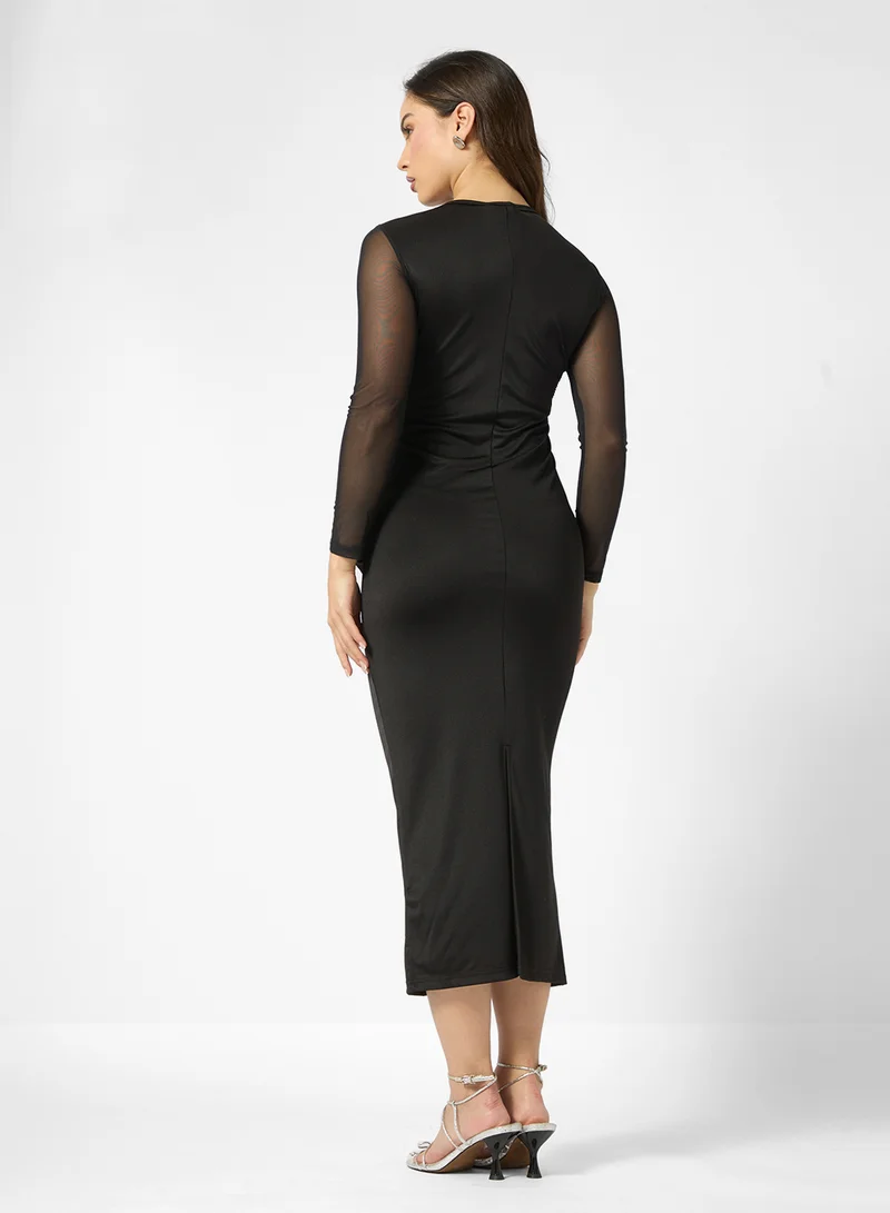 جينجر Sweetheart Neckline Mesh Detail Draped Dress