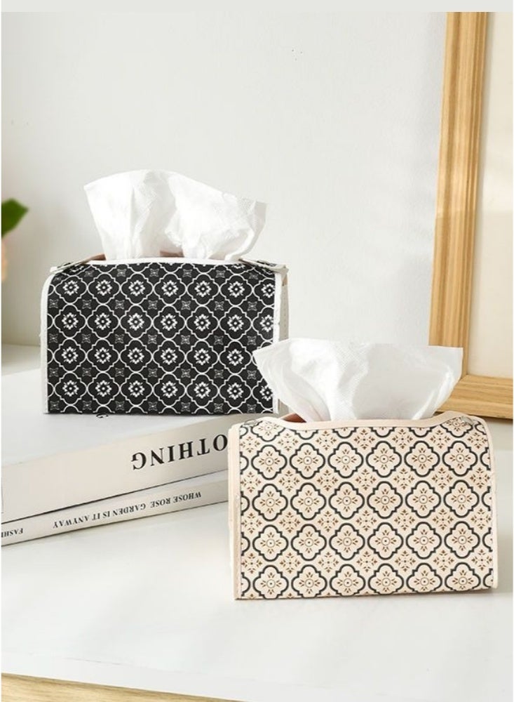 2 pieces Leather Tissue Box Holder Multifunctional for Home Decorations for Living Room Bedroom and Office Refillable Tissue Box Cover Car Tissue Holder Multi-scenario use Universal Hanging Tissue Geometric patterns(Black and beige) - Image 1