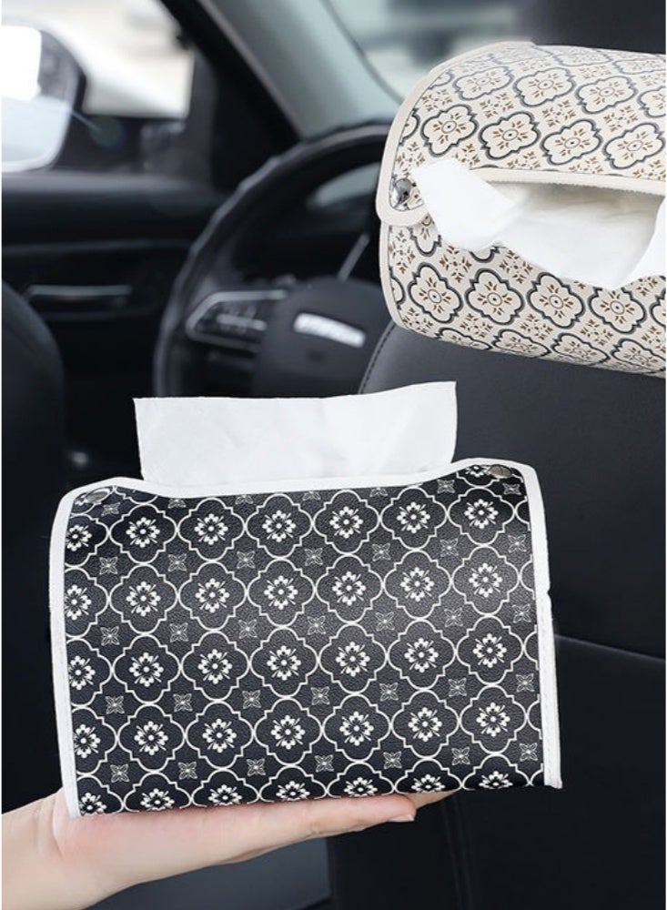 2 pieces Leather Tissue Box Holder Multifunctional for Home Decorations for Living Room Bedroom and Office Refillable Tissue Box Cover Car Tissue Holder Multi-scenario use Universal Hanging Tissue Geometric patterns(Black and beige) - Image 2